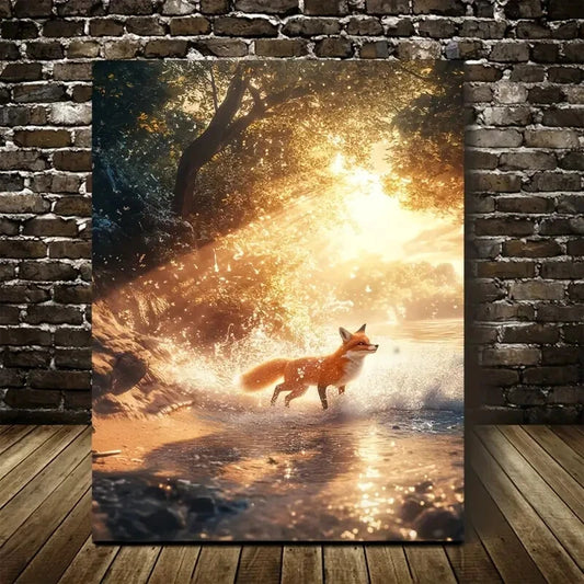 Dreamlike Fox Splashing in Water Scene Painting 40x60cm Metal Print Ready to Hang