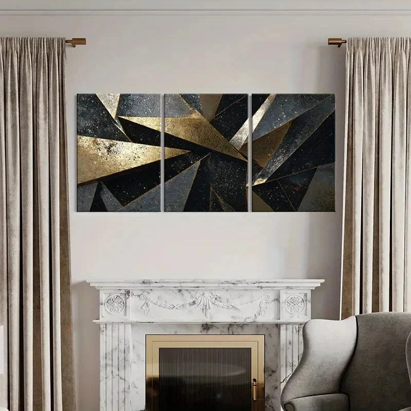 3pcs Abstract Golden Black Geometric Art Metal Print Ready to Hang Art