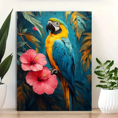 Vibrant Macaw & Hibiscus Flowers Painting 40x60cm Metal Print Ready to Hang