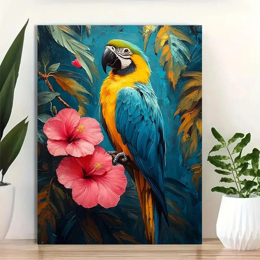 Vibrant Macaw & Hibiscus Flowers Painting 40x60cm Metal Print Ready to Hang