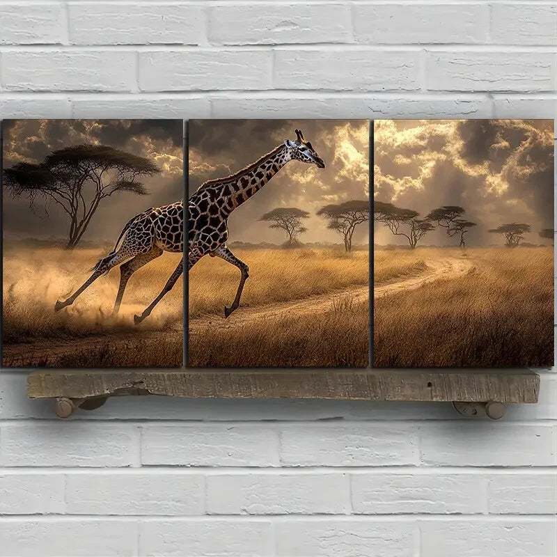 3pcs Giraffes Running on Grassland Metal Print Ready to Hang Art