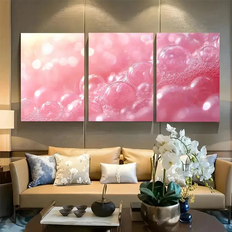 3pcs Vibrant Retro Pink Bathroom Bubbles Abstract Metal Print Ready to Hang Art