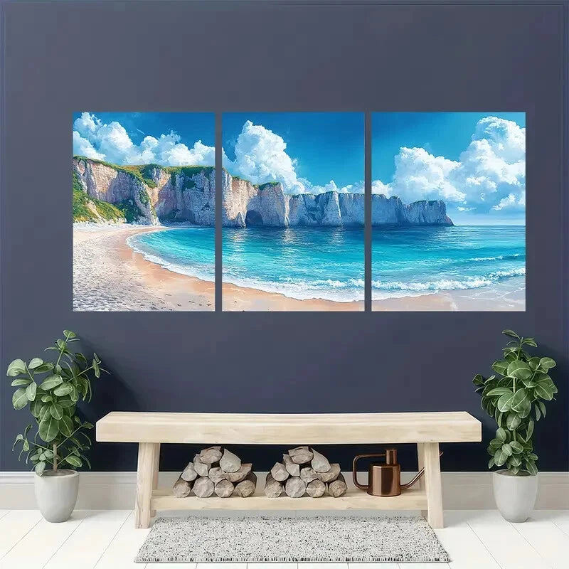 3pcs Normandy Painting Etretat Cliffs Watercolor Metal Print Ready to Hang Art