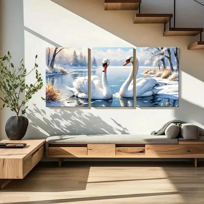 3pcs Two Swans In The Lake Vintage Wall Art Set Canvas Framed 40x60cm - High Quality Print 100% Australian Made Wall Canvas Ready to Hang