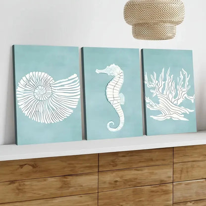3pcs Seahorses Corals & Shells Ocean Life Blue Wall Art Set Canvas Framed 40x60cm - High Quality Print 100% Australian Made Wall Canvas Ready to Hang