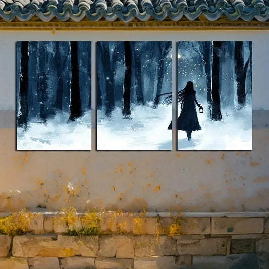 3pcs The Girl in the Forest Night Illustration Metal Print Ready to Hang Art