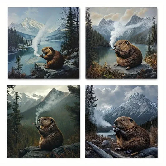 4pcs Beaver Smoking Cigar Vintage Abstract Wall Art Canvas Framed