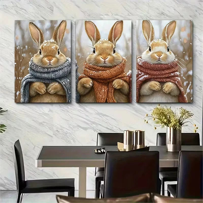 3pcs Autumn Rabbit Watercolor Metal Print Ready to Hang Art