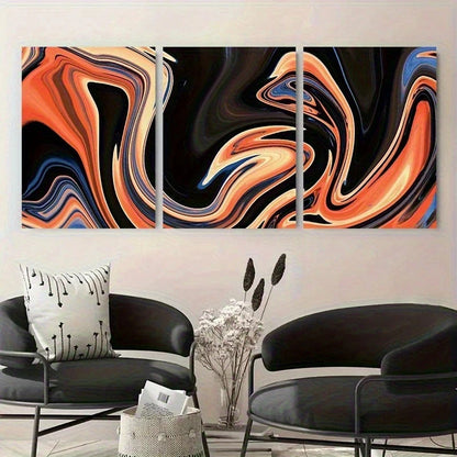 Abstract art piece with swirling colors in a living room setting.
