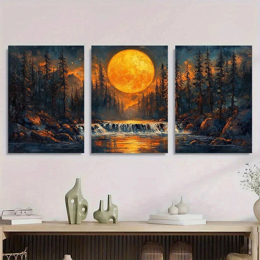 3pcs Moonlit Forest & Waterfall Night Scene Metal Print Ready to Hang Art