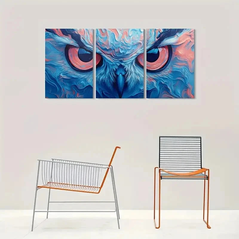 3pcs Abstract Owl Eyes Modern Blue & Pink Metal Print Ready to Hang Art