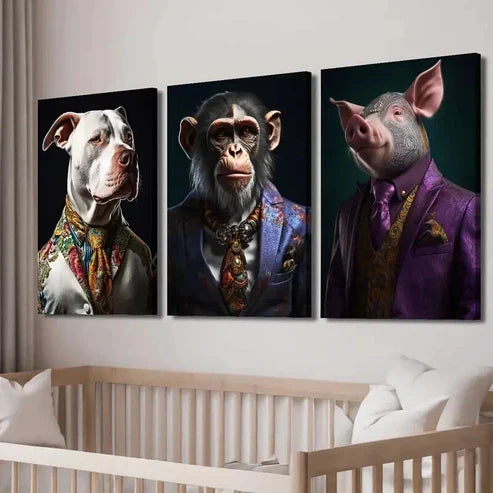 3pcs Bulldog Monkey Pig Wearing Clothes Wall Art Set Canvas Unframed - High Quality Print 100% Australian Made Wall Canvas