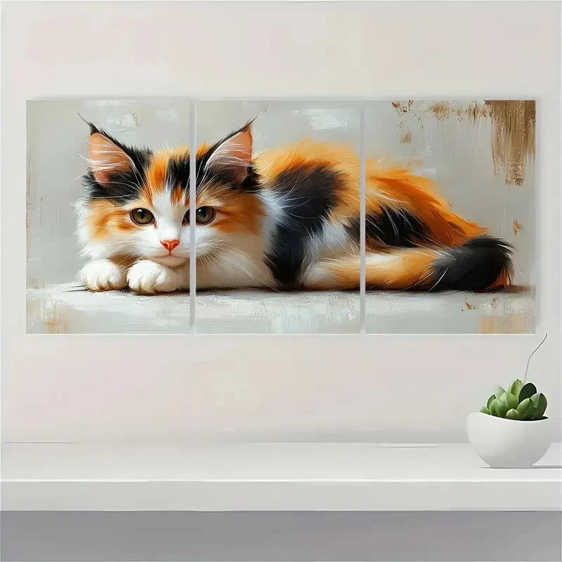 3pcs Calico Cat Oil Animals Perfect Wall Art Set Canvas Framed 40x60cm - High Quality Print 100% Australian Made Wall Canvas Ready to Hang