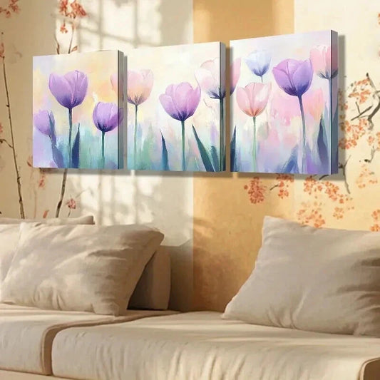 3pcs Vibrant Pink & Purple Tulips Decoration Wall Art Set Canvas Framed 40x60cm - High Quality Print 100% Australian Made Wall Canvas Ready to Hang