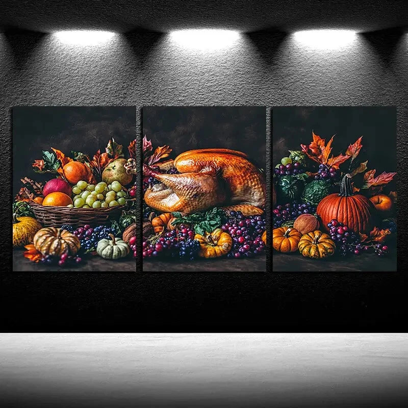 3pcs Vibrant Table Full of Food Illustration Metal Print Ready to Hang Art