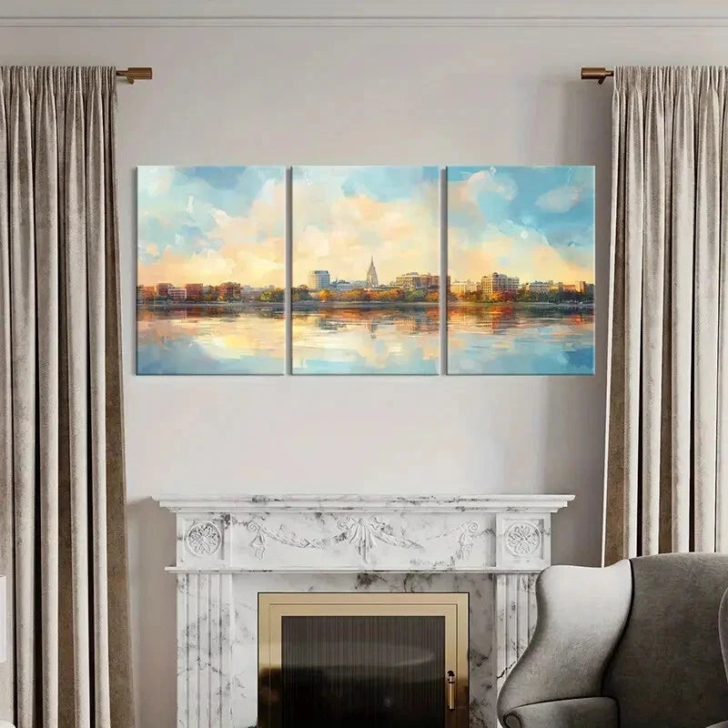 3pcs Cityscape Waterfront View Architectural Metal Print Ready to Hang Art