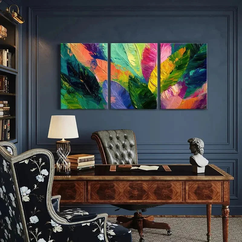 3pcs Abstract Feather Art Vibrant Colors Painting Metal Print Ready to Hang Art