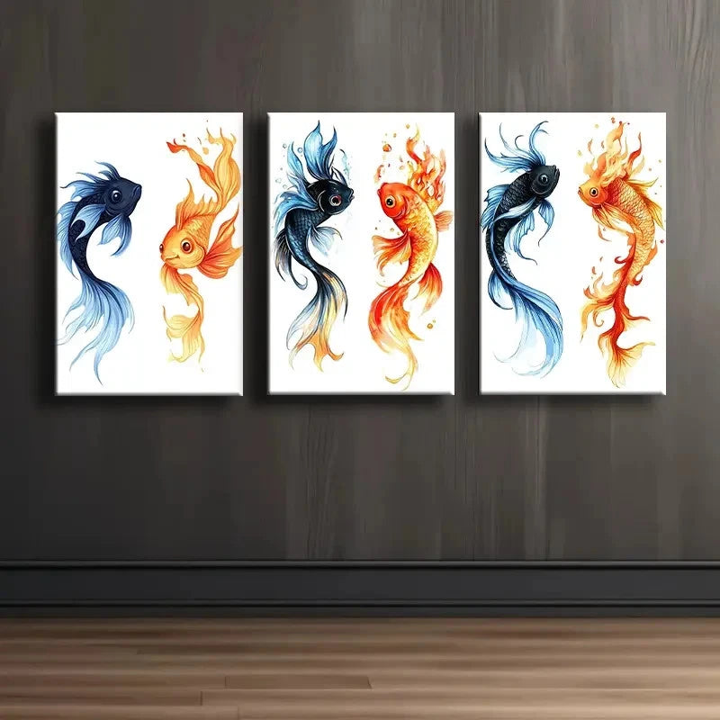 3pcs Red Fish And Blue Fish Wall Art Set Canvas Framed 50x70cm - High Quality Print 100% Australian Made Wall Canvas Ready to Hang