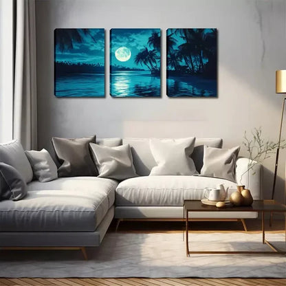 3pcs Night, Moon, Coconut Tree Wall Art Canvas Unframed - High Quality Print 100% Australian Made Wall Canvas
