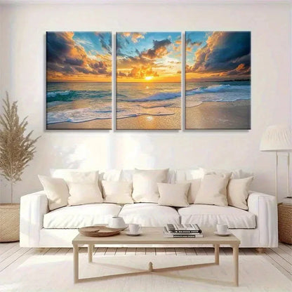 3pcs Coastal Ocean Sunset Golden Sky Gentle Waves Metal Print Ready to Hang Art