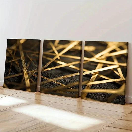 3pcs Golden Stripes Abstract Art Decor   Wall Art Set Canvas Framed 60x90cm - High Quality Print 100% Australian Made Wall Canvas Ready to Hang
