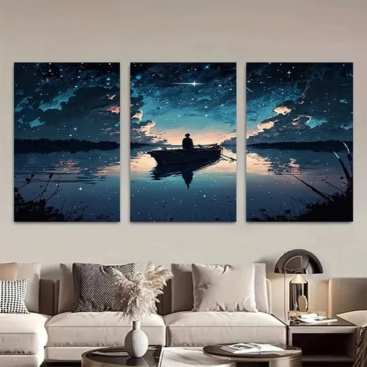 3pcs Night Sky Small Boat Landscape Wall Art Metal Print Ready to Hang Art