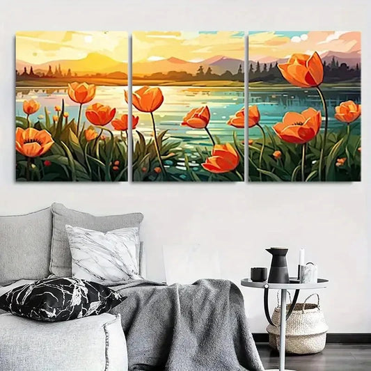 3pcs Sunrise Orange Tulip Lake Metal Print Ready to Hang Art