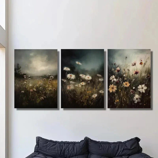 3pcs Dark Floral Landscape, Metal Print Ready to Hang Art