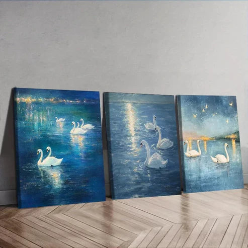 3pcs A Group of Swans in the Water Wall Art Set Canvas Unframed - High Quality Print 100% Australian Made Wall Canvas