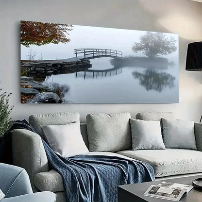 Misty Pond & Wooden Bridge wall canvas office home room framed 120x60cm - Bella Home Decor