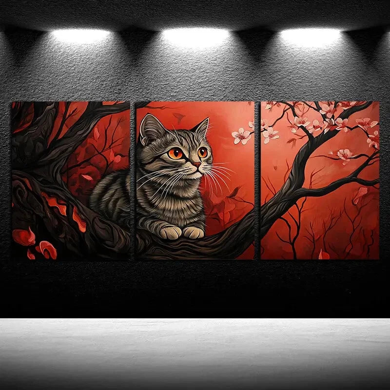 3pcs Charming Cat on Cherry Tree Metal Print Ready to Hang Art