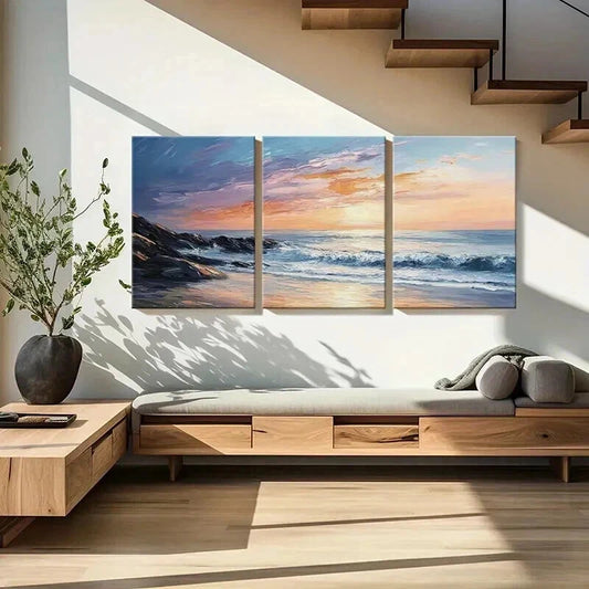 3pcs Sunset Ocean Rocks Sky Nature Wall Art Set Canvas Framed 40x60cm - High Quality Print 100% Australian Made Wall Canvas Ready to Hang
