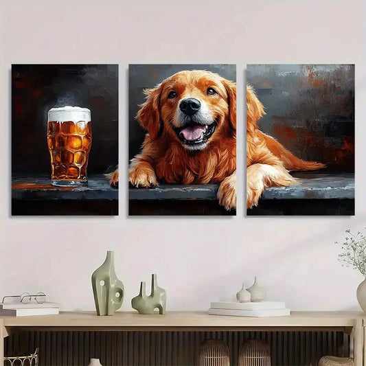 3pcs Golden Retriever Black & White Dog Beer Metal Print Ready to Hang Art