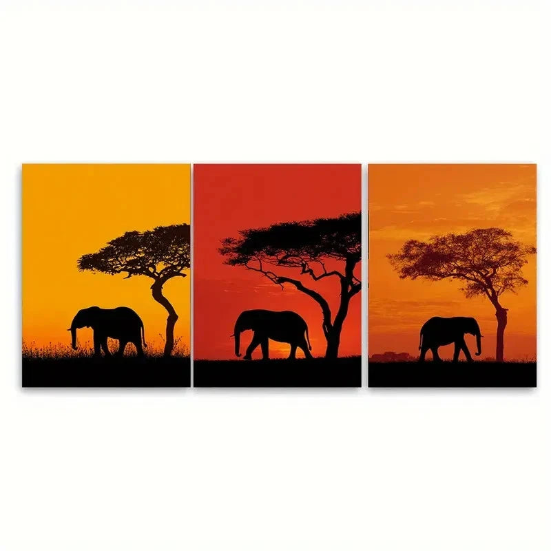 3pcs Uganda Wildlife Nature Adventure Elephant Wall Art Set Canvas Framed 50x70cm - High Quality Print 100% Australian Made Wall Canvas Ready to Hang