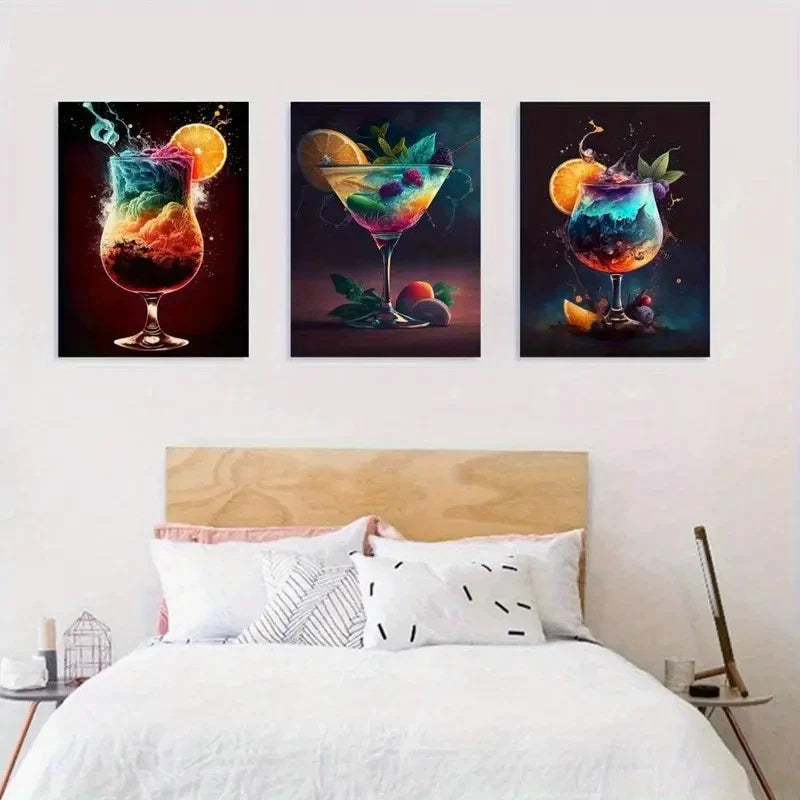 3pcs Tropical Cocktail Art Painting Metal Print Ready to Hang Art