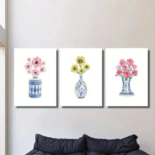 3pcs Chinese Style Blue and White Porcelain Vase Metal Print Ready to Hang Art