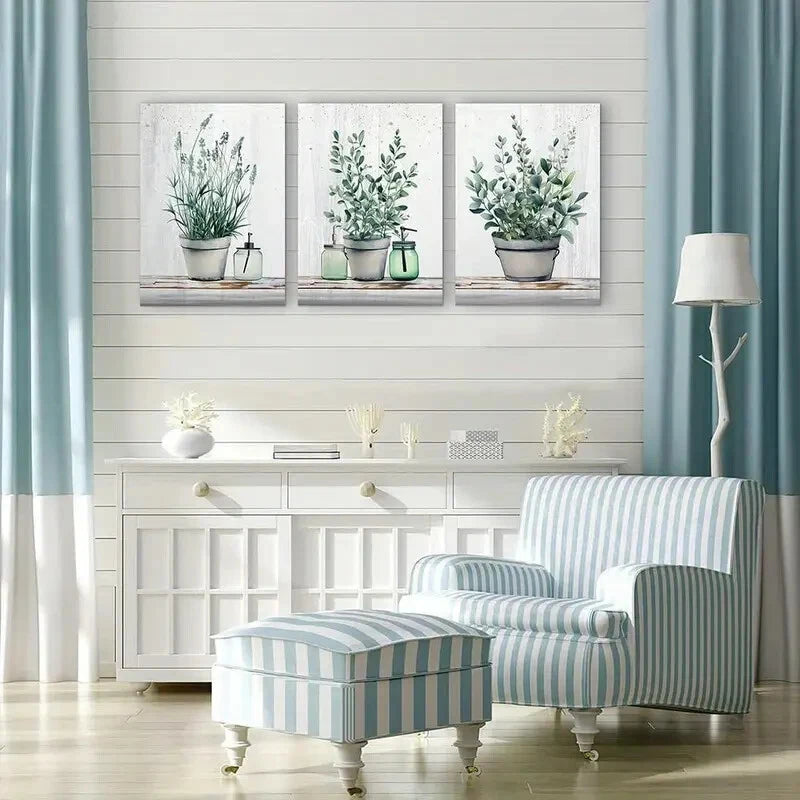 3pcs Artwork of Green Leaves in VaseMetal Print Ready to Hang Art