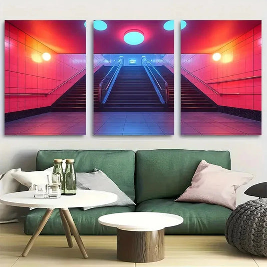 3pcs Retro 90s Style Mall Fuschia Pink and Blue Metal Print Ready to Hang Art