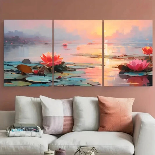 3pcs Nature Scene with Pink and Orange Flowers Metal Print Ready to Hang Art