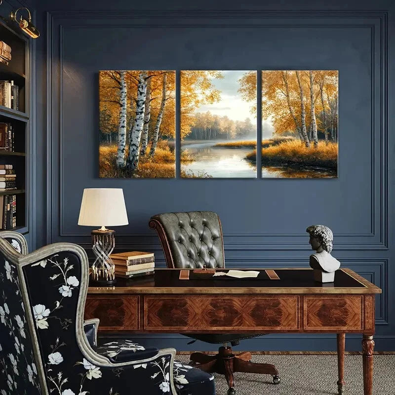3pcs Autumn Forest Landscape Birch Trees Metal Print Ready to Hang Art
