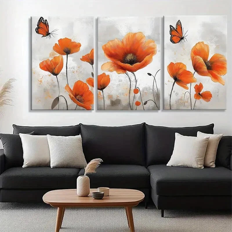 3pcs Vibrant Orange Poppy and Butterfly Metal Print Ready to Hang Art