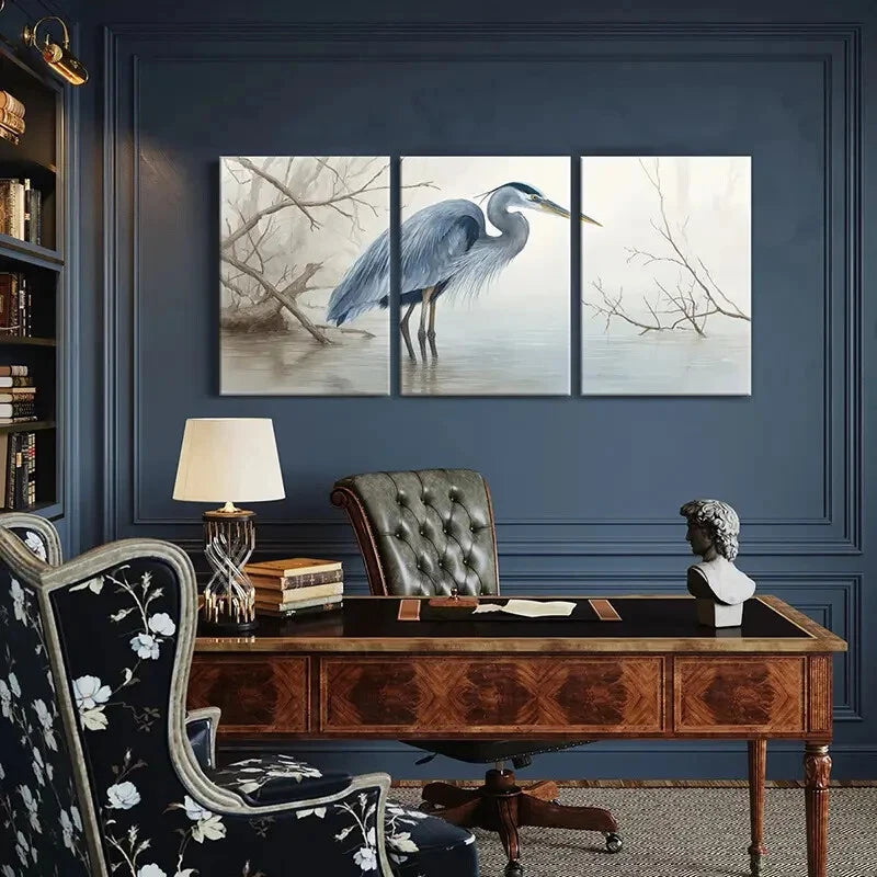 3pcs Blue Heron Water Reflection Serene Landscape Metal Print Ready to Hang Art