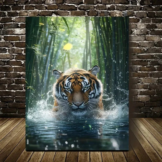 Dreamlike Scene of Tiger Splashing in Water Painting 40x60cm Metal Print Ready to Hang