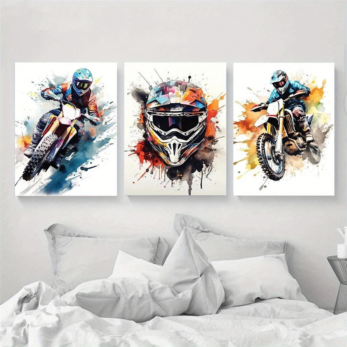 3pcs Bike Motorcycle Motocross Watercolor Metal Print Ready to Hang Art