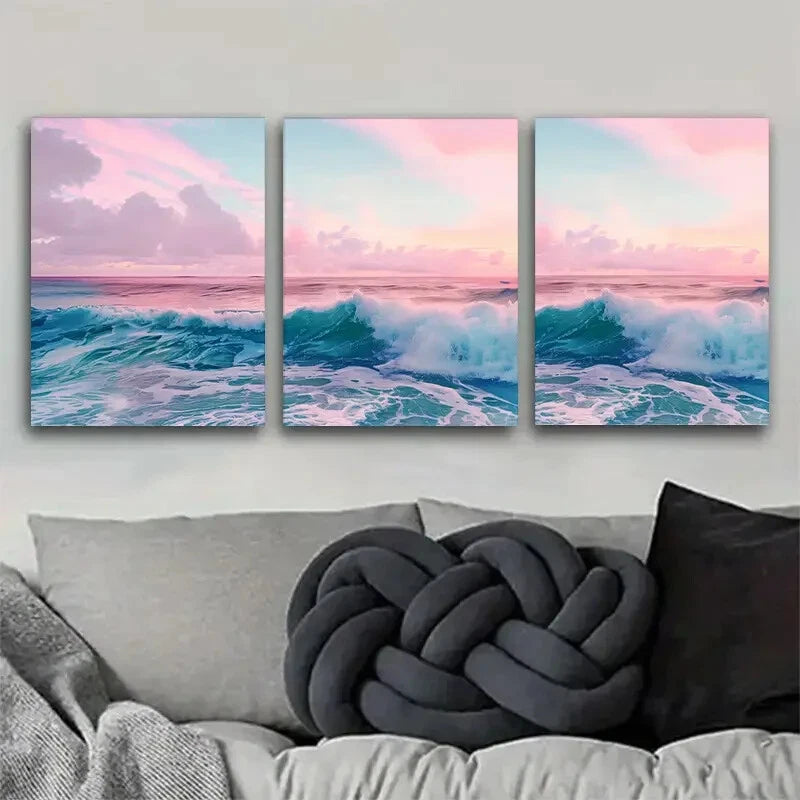 3pcs Ocean Wave Pink Sky Sea Landscape Perfect Wall Art Set Canvas Framed 40x60cm - High Quality Print 100% Australian Made Wall Canvas Ready to Hang