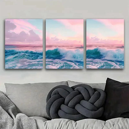 3pcs Ocean Wave Pink Sky Sea Landscape Perfect Wall Art Set Canvas Framed 40x60cm - High Quality Print 100% Australian Made Wall Canvas Ready to Hang