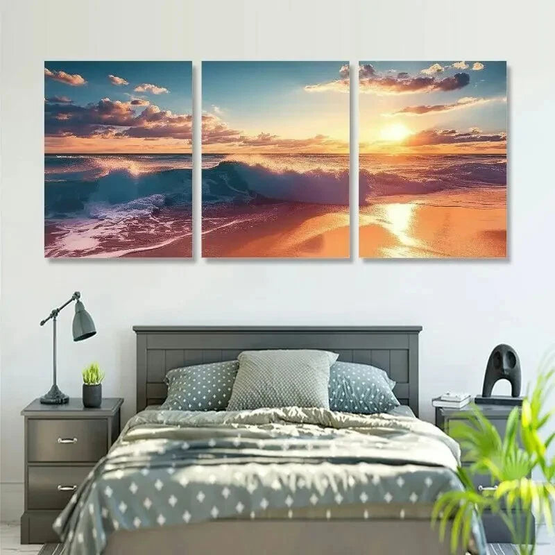 3pcs Panel Sunset Ocean Contemporary Metal Print Ready to Hang Art