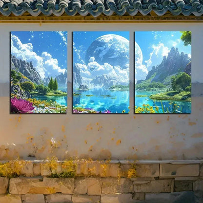 3pcs Vivid Planetary and Floral Fantasy Design Metal Print Ready to Hang Art