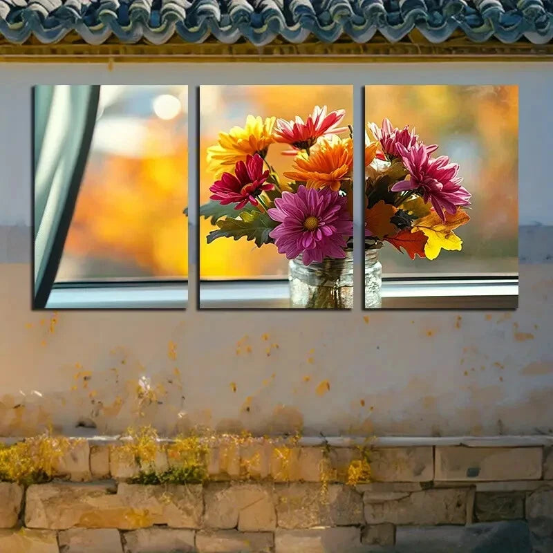 3pcs Vibrant Flowers on the windowsill Metal Print Ready to Hang Art