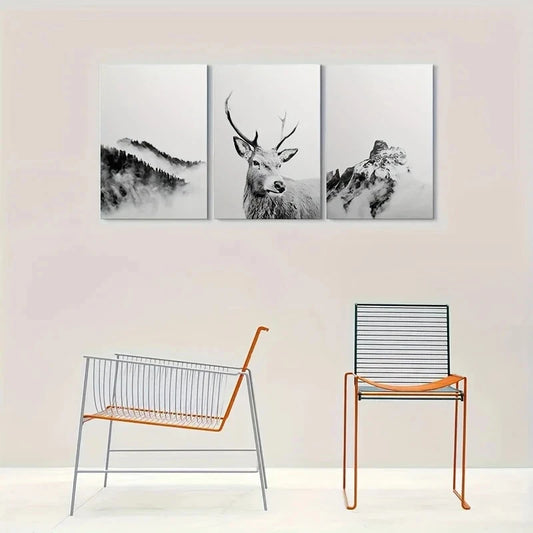 3pcs Black and White Deer with Mountain Metal Print Ready to Hang Art